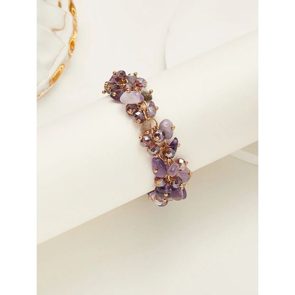 Purple Amethyst Multi Gemstone Tassel Charm Bracelet Adjustable Goldtone Chunky - Picture 2 of 4